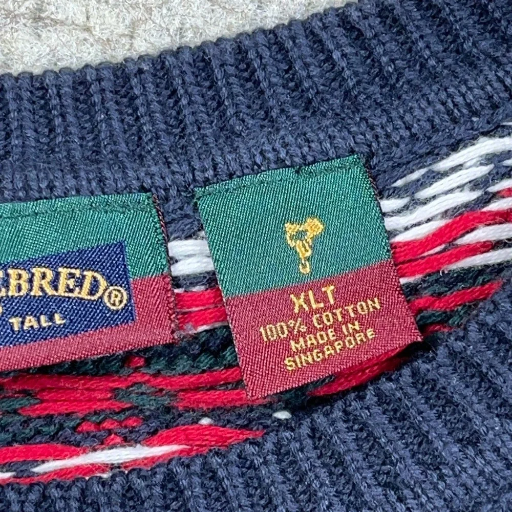 Vintage Grandpa Sweater Men XLT Blue Red Heavy Chunky Knit Geometric Nordic 90s‎